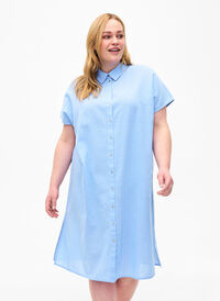 Long shirt in cotton blend with linen, Serenity, Model