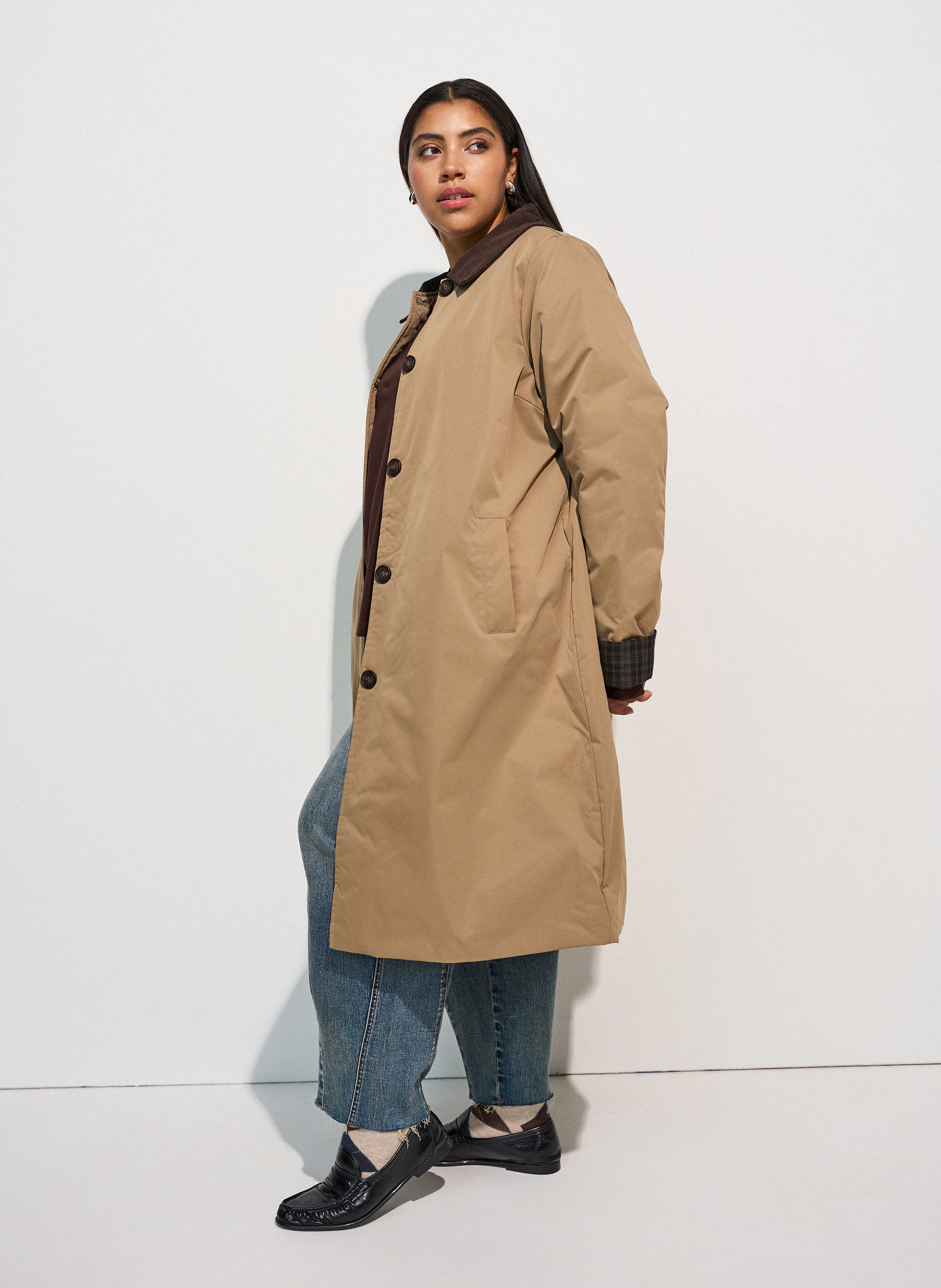 ZizzifashionMid-length jacket with corduroy collar, Beige, Model image number 2