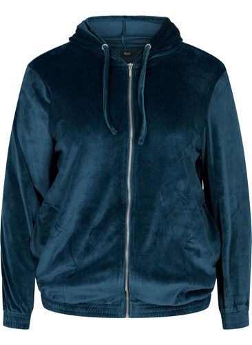 Velour cardigan with zip and hood, Reflecting Pond, Packshot image number 0