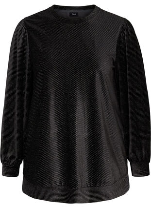 Velour blouse with puff sleeves, Black, Packshot image number 0
