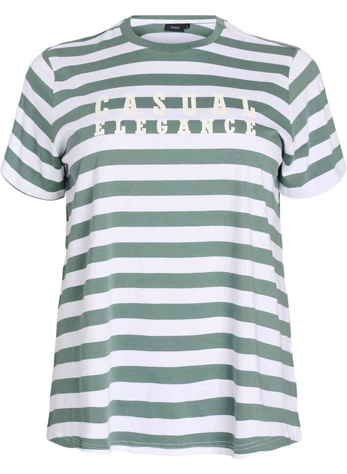 Organic cotton T-shirt with stripes and text, Green, Packshot image number 0