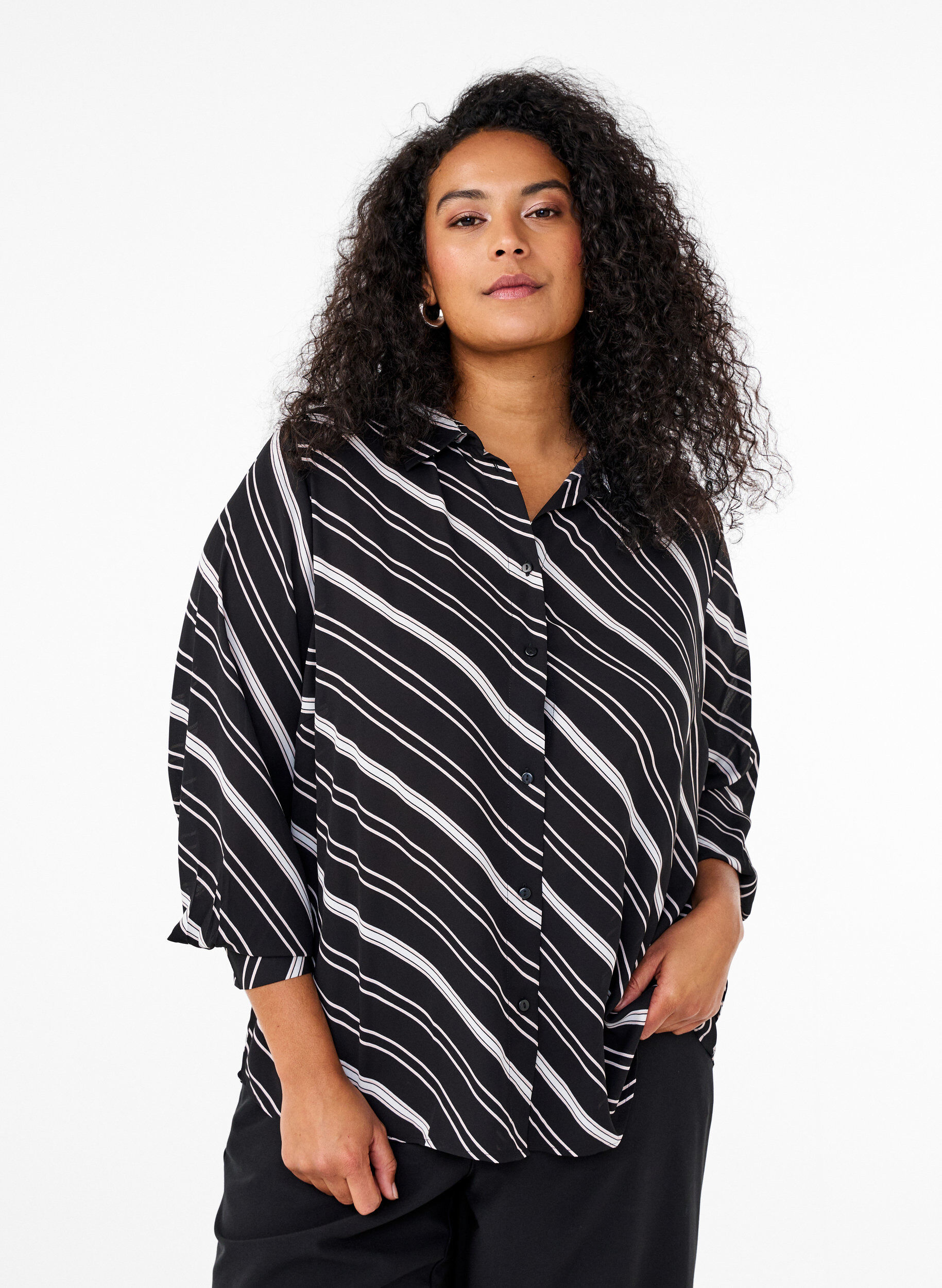 Zizzifashion Patterned shirt with long sleeves, Black Stripe, Model image number 0