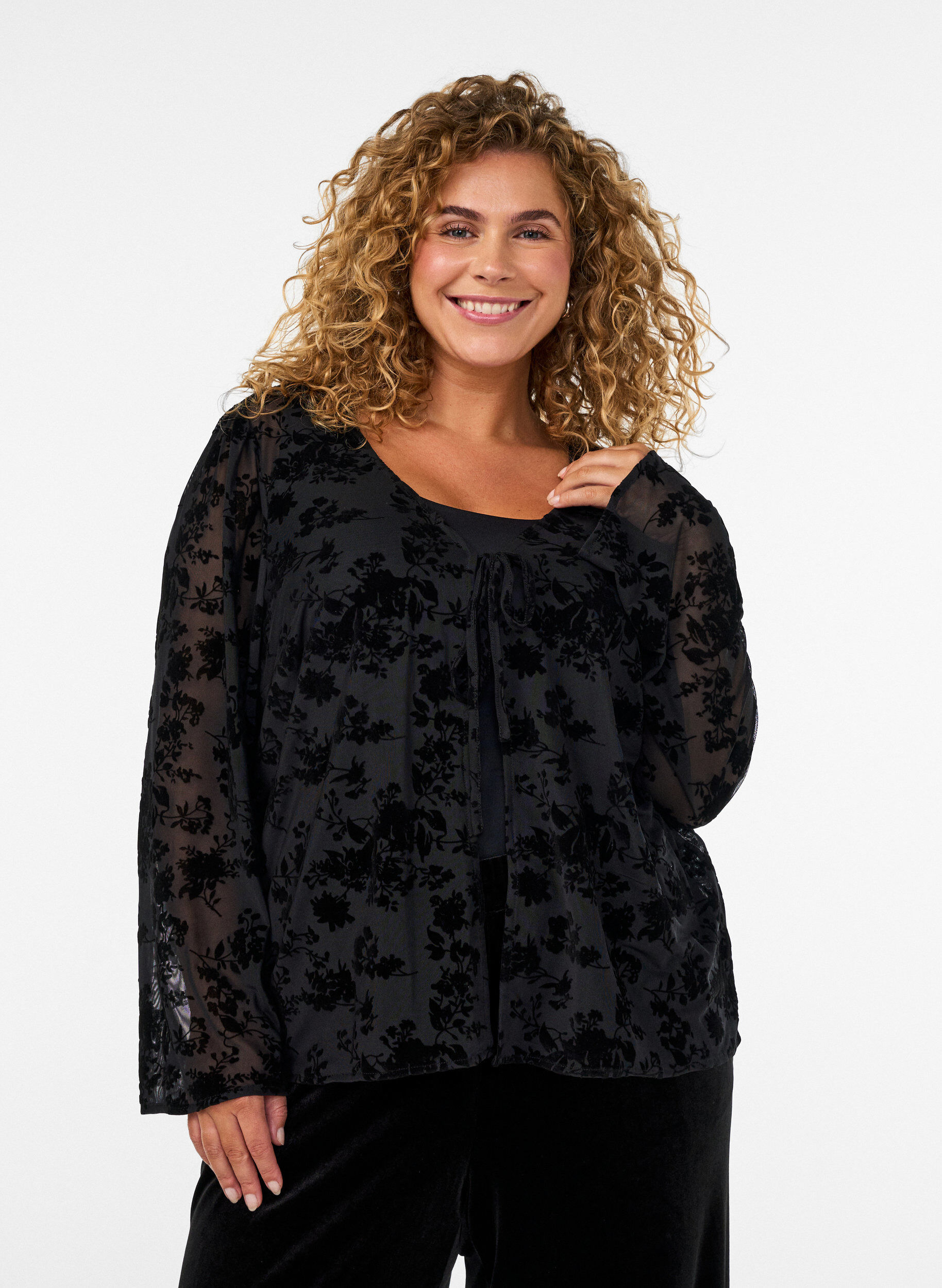 ZizzifashionMesh blouse with floral pattern and open front, Black, Model image number 0