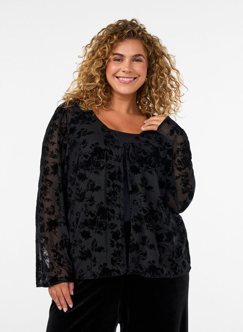 Mesh blouse with floral pattern and open front, Black, Model image number 0