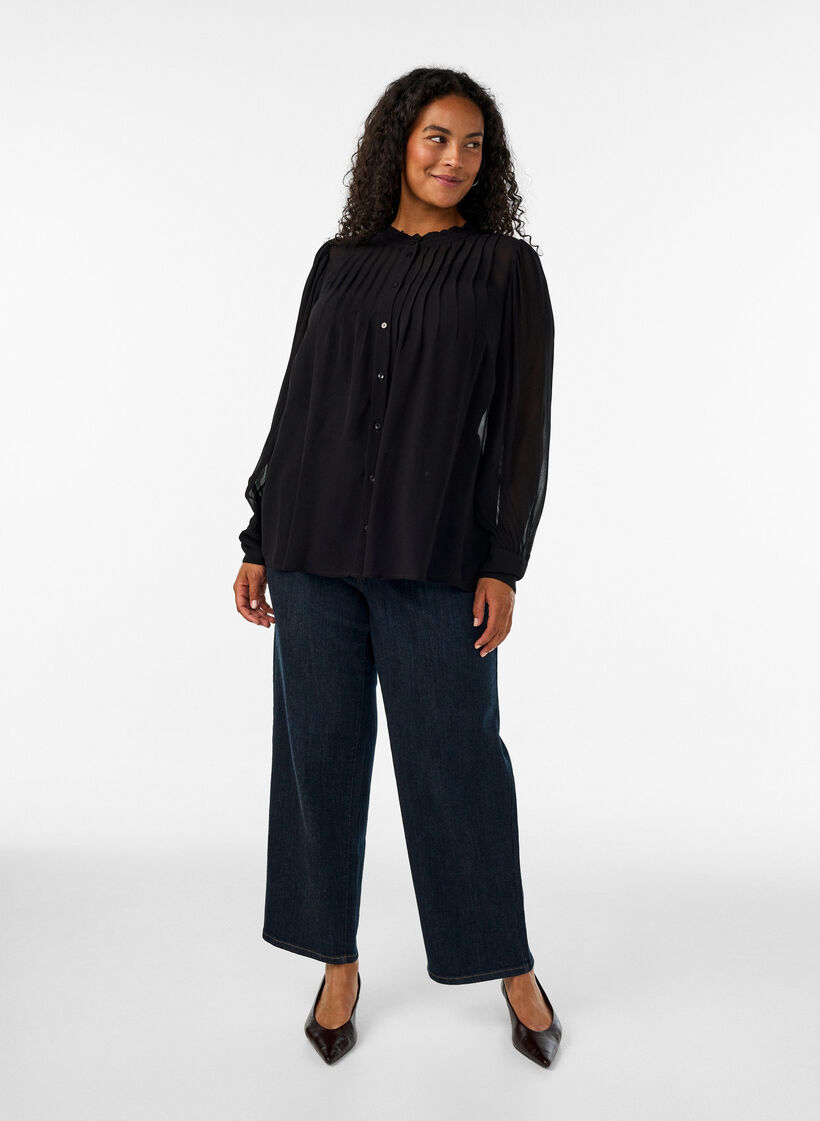 Viscose blouse with a ruffle collar, Black, Model image number 1