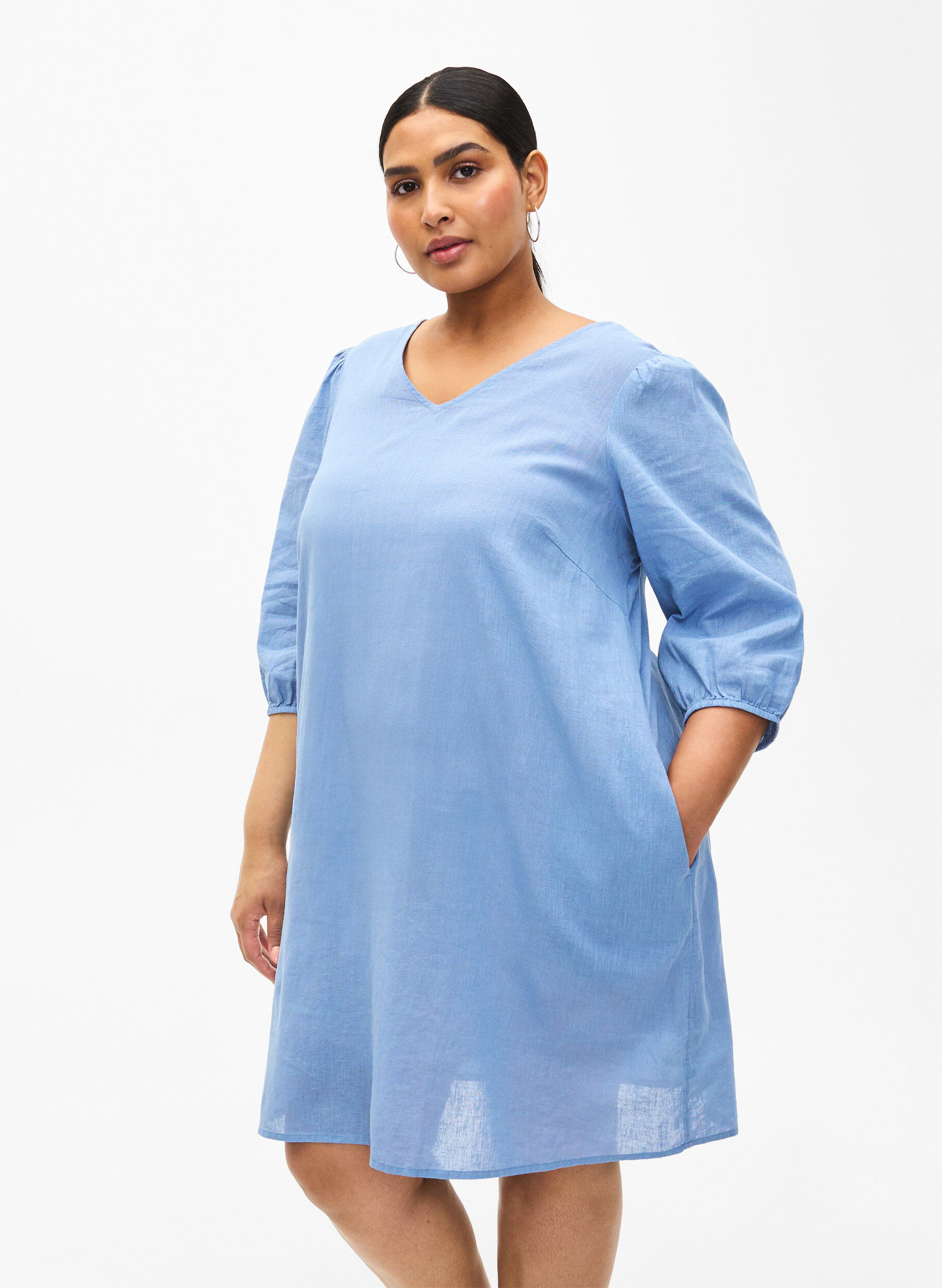 Zizzifashion Cotton blend short dress with linen, Faded Denim, Model image number 0
