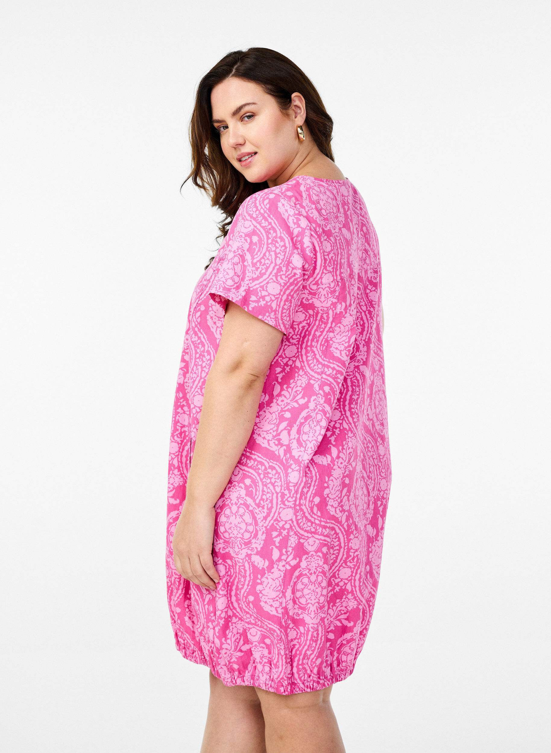 Zizzifashion Short-sleeved cotton dress with print, Pink, Model image number 2