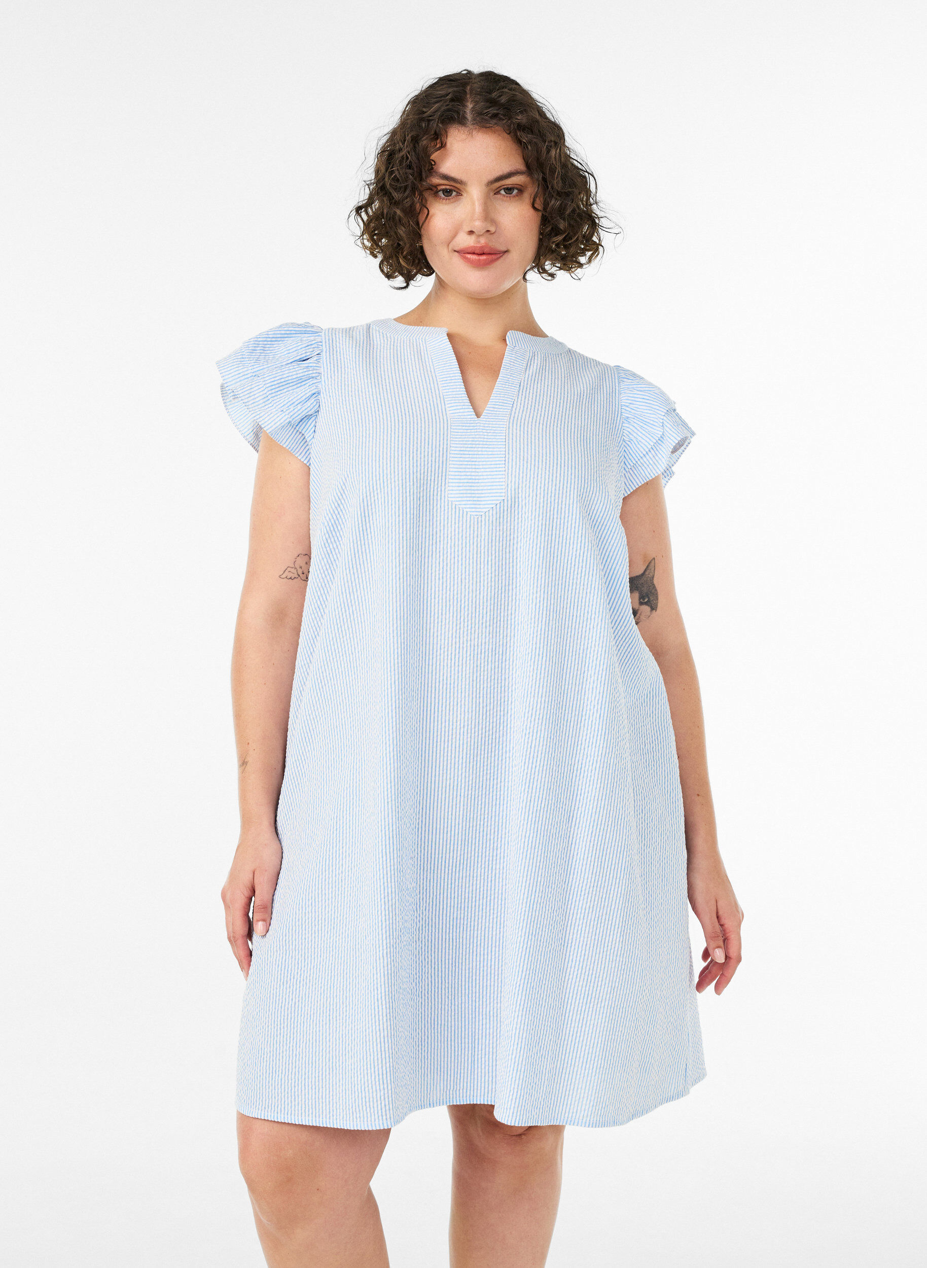 Striped cotton dress with ruffles and an A-line fit, Light Blue, Model