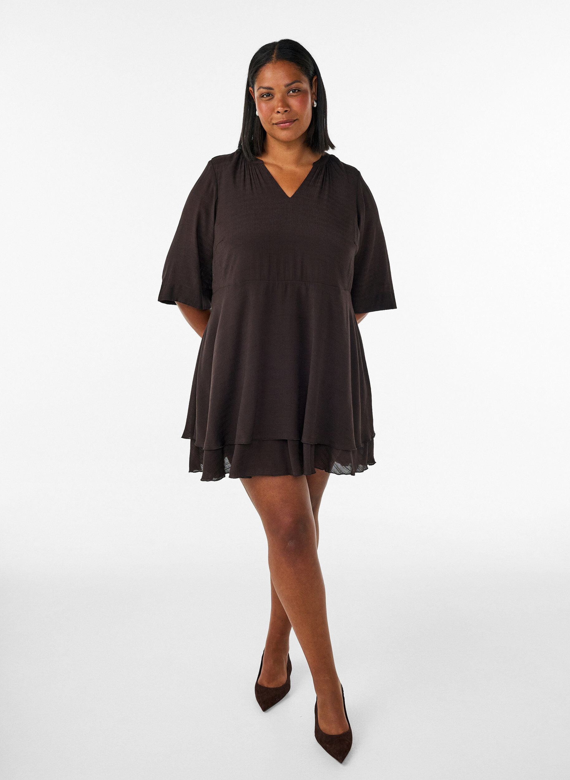 ZizzifashionA-line dress with layered ruffles, Brown, Model image number 1