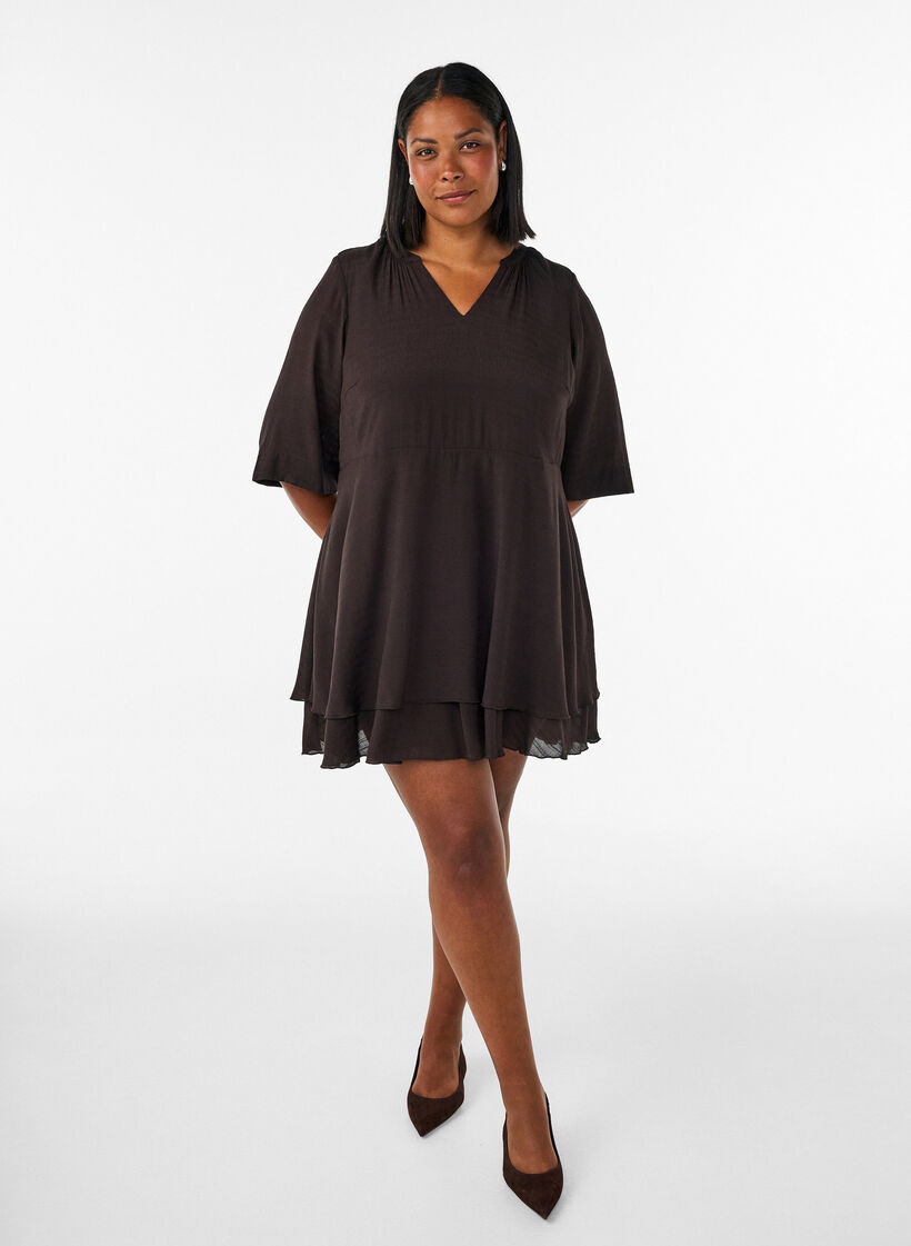 A-line dress with layered ruffles, Brown, Model image number 1
