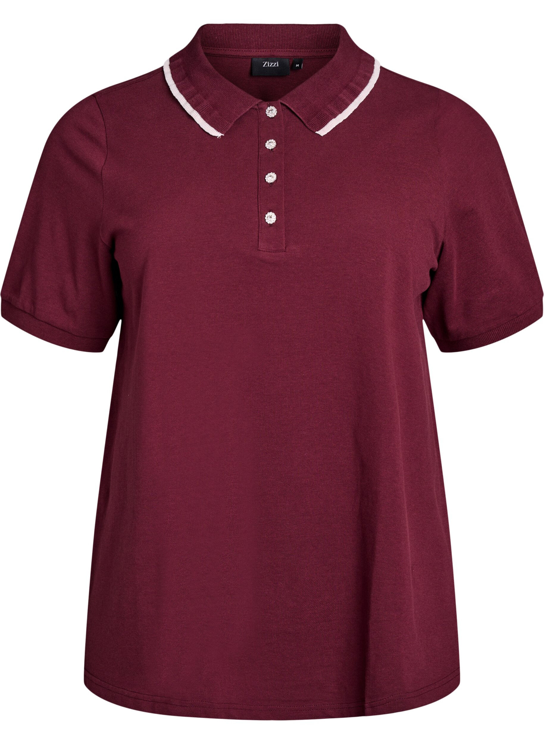 Polo shirt with rhinestone buttons and ruffle detail