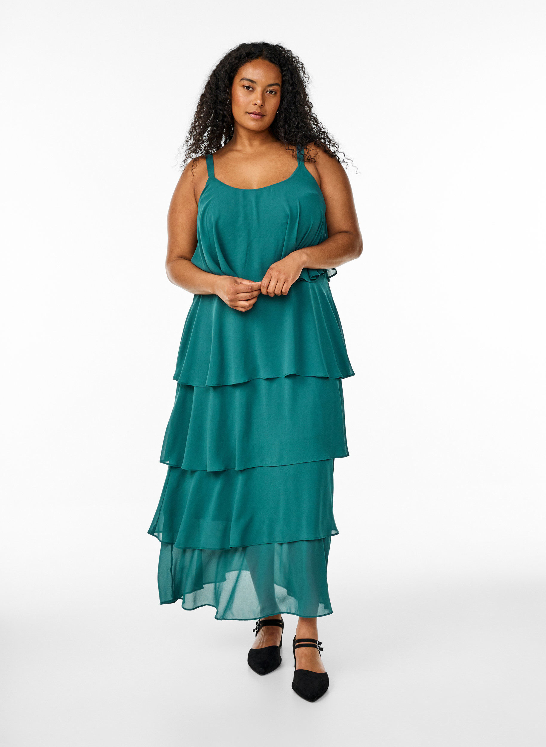 Zizzifashion Maxi dress with ruffle layers and detachable cape, Green, Model image number 0