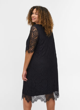 Short-sleeved v-neck lace dress, Black, Model image number 1