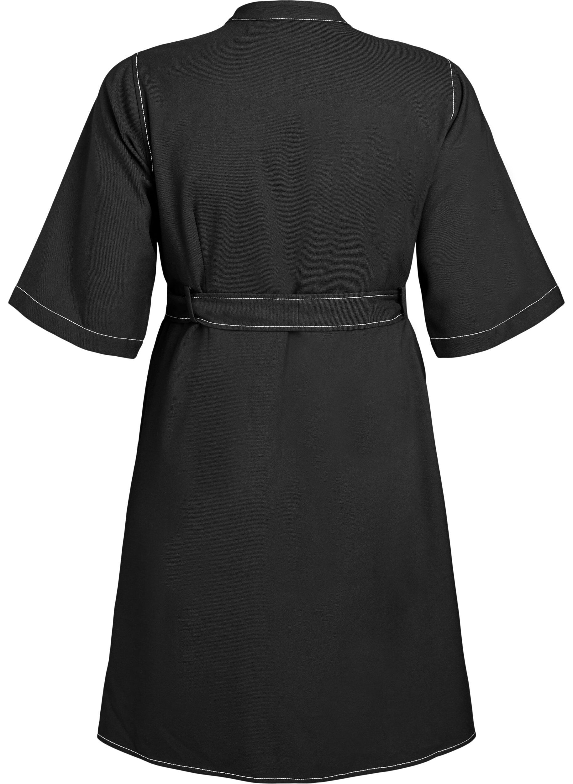 Zizzifashion Short shirt dress with contrast stitching and tie belt, Black, Packshot image number 1