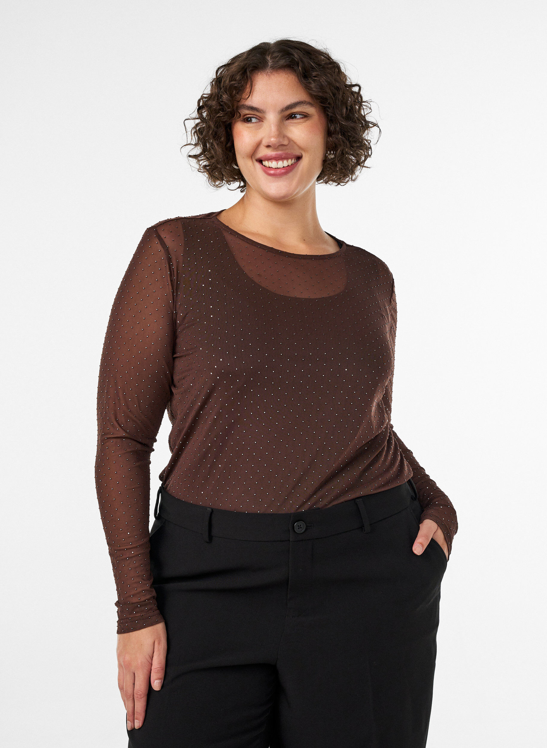 Sheer mesh blouse with rhinestones, Brown, Model