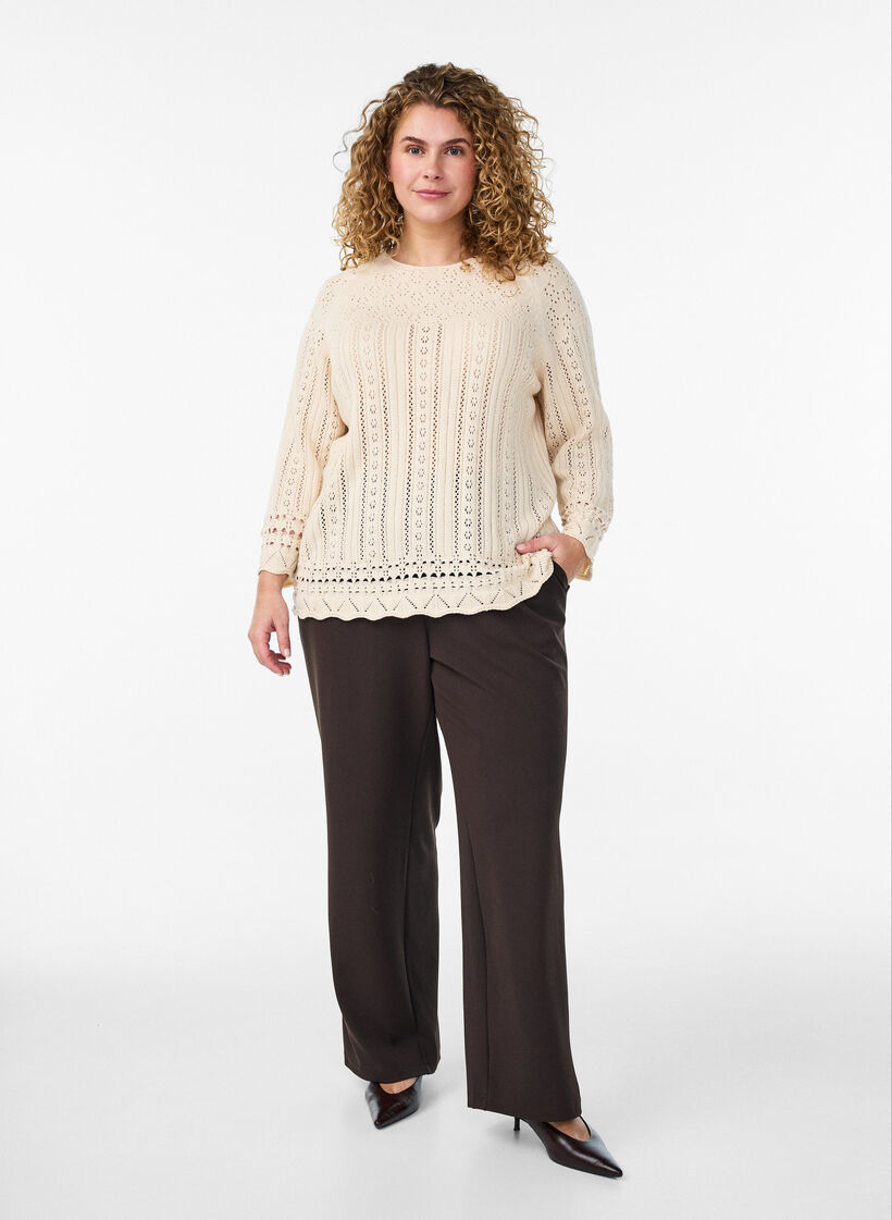 Knitted top with eyelet embroidery and 3/4 sleeves, Beige, Model image number 1