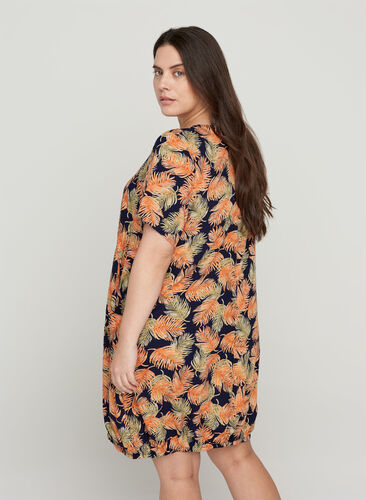 Short-sleeved viscose dress with print, Orange Leaf, Model image number 1