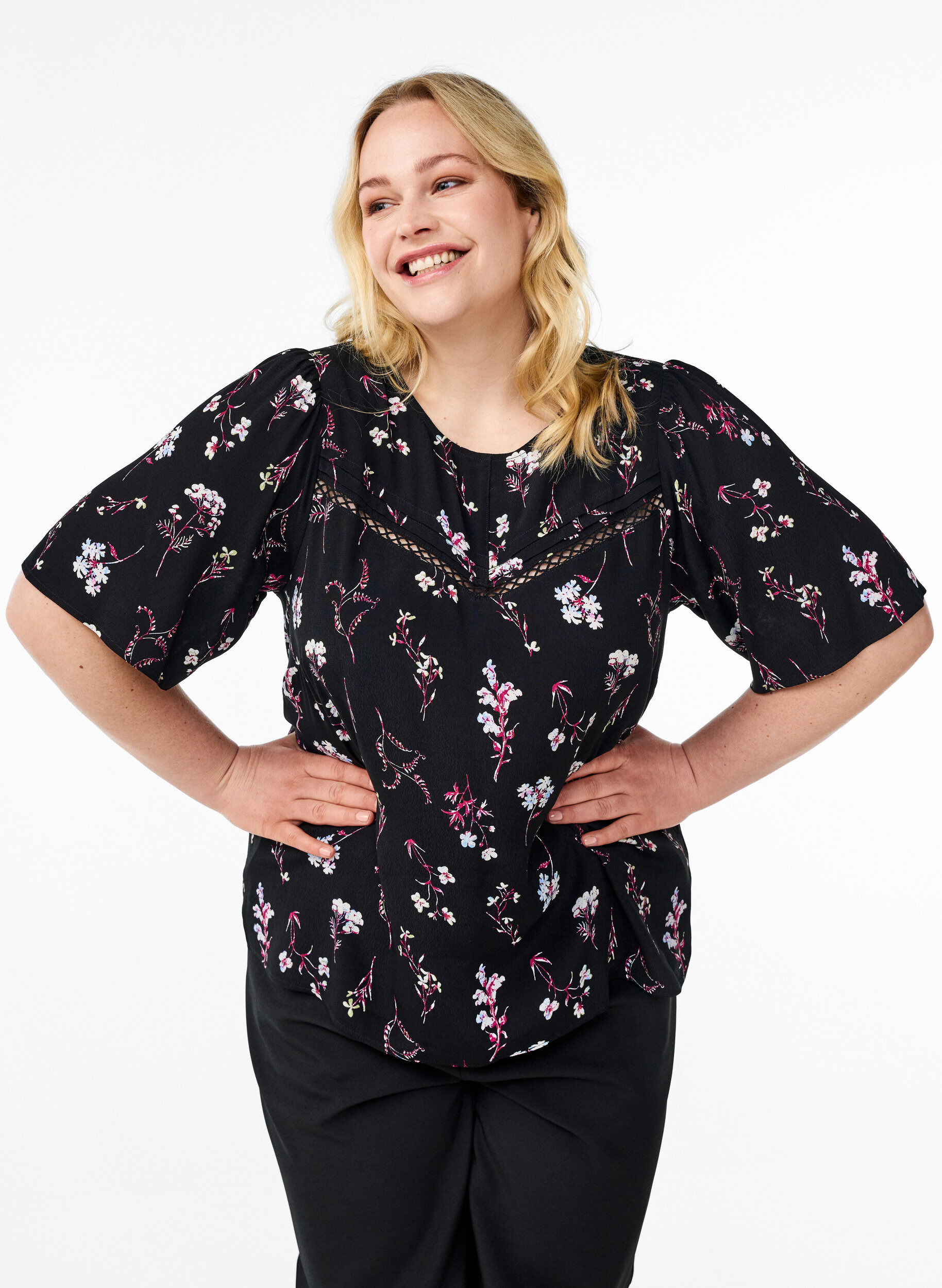 ZizzifashionFloral blouse with short sleeves, Black, Model image number 0