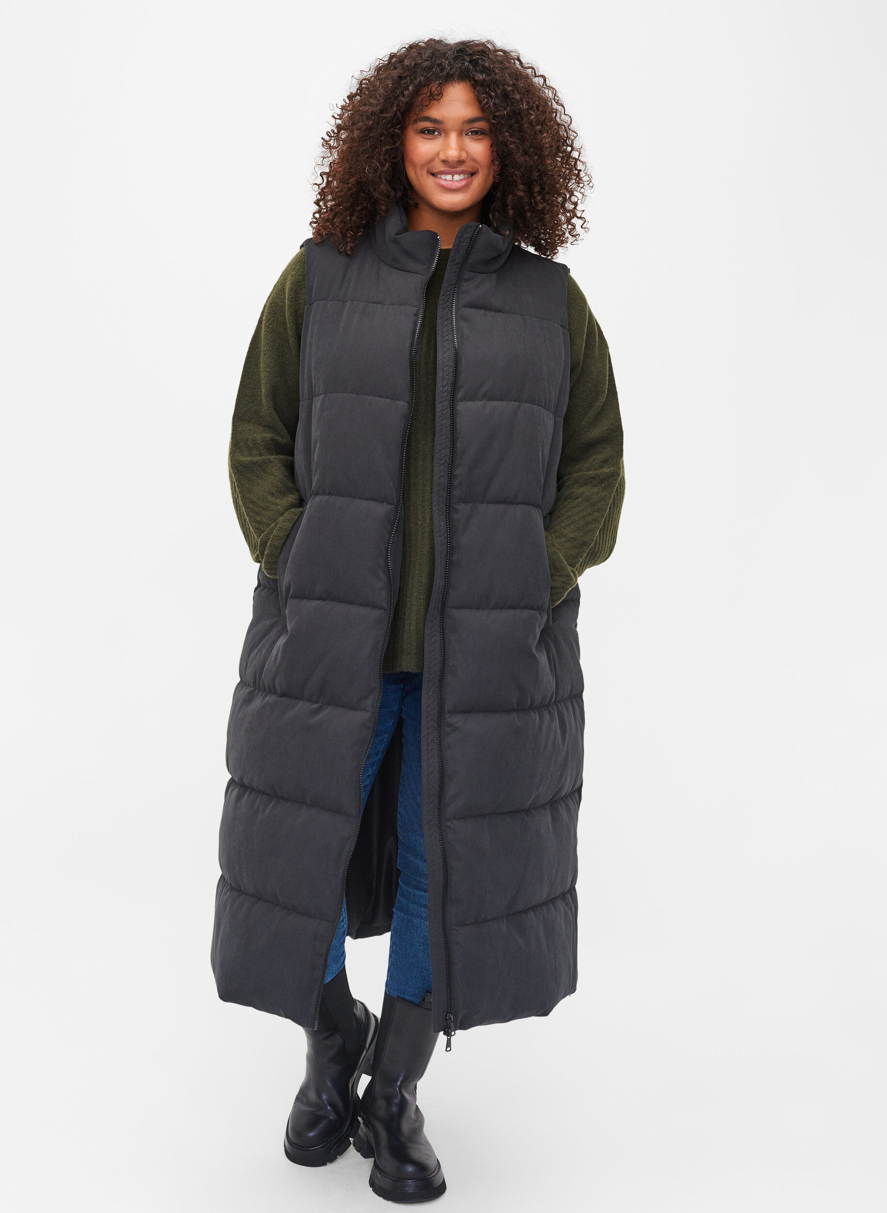 Zizzifashion Long vest with high collar and pockets, Black, Model image number 0