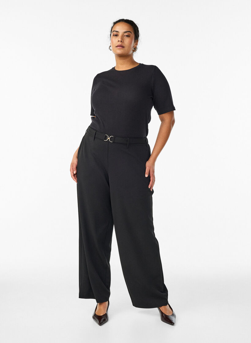 High-waisted trousers with belt detail and gold buckle, Black, Model image number 0