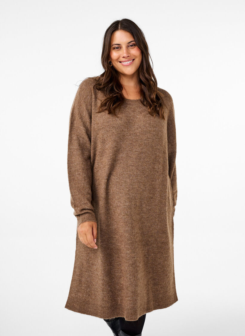 Long sleeved rib knit dress, Caribou Mel., Model image number 0