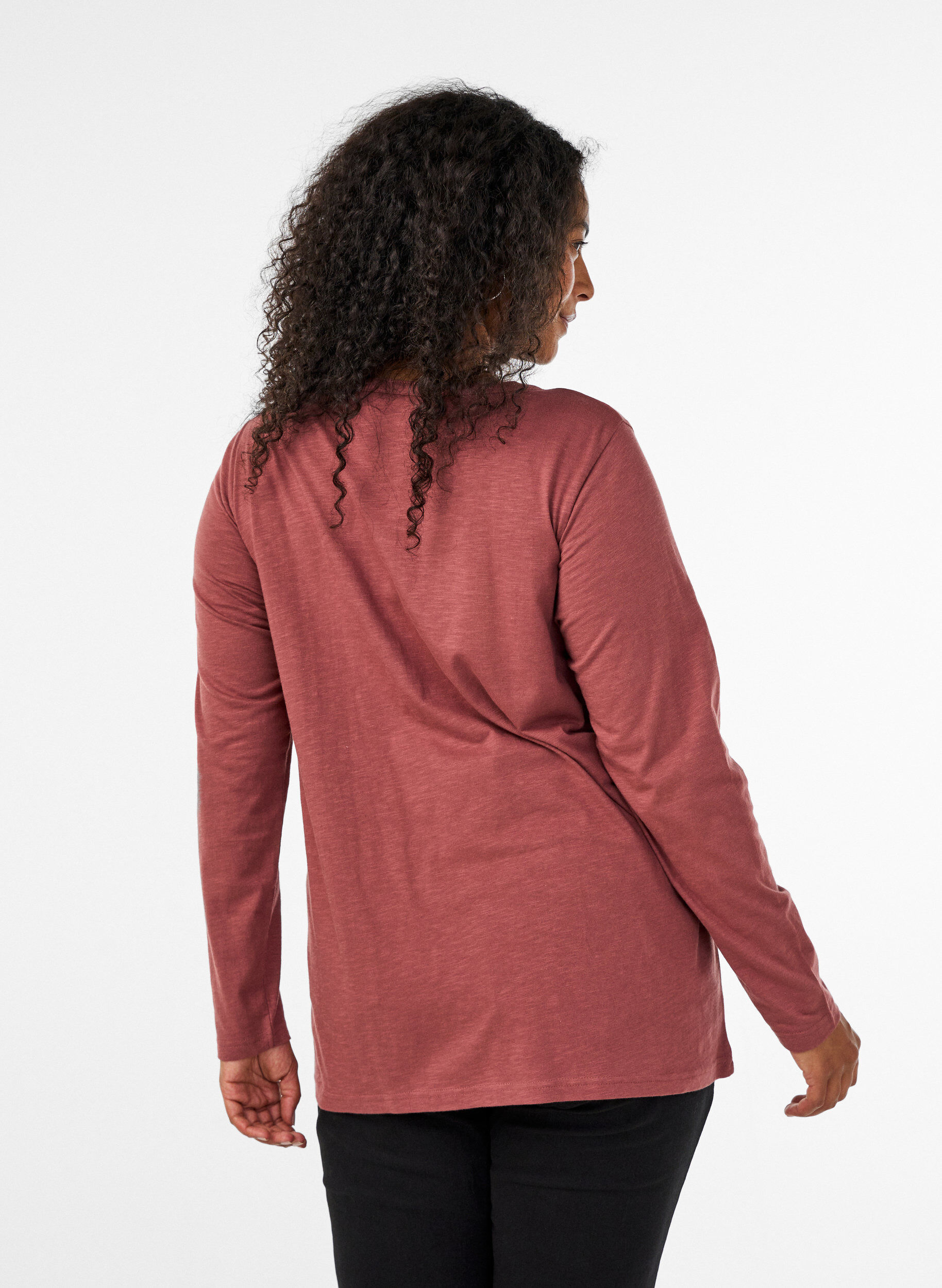 ZizzifashionLong-sleeved t-shirt with V-neck and buttons, Brown, Model image number 2