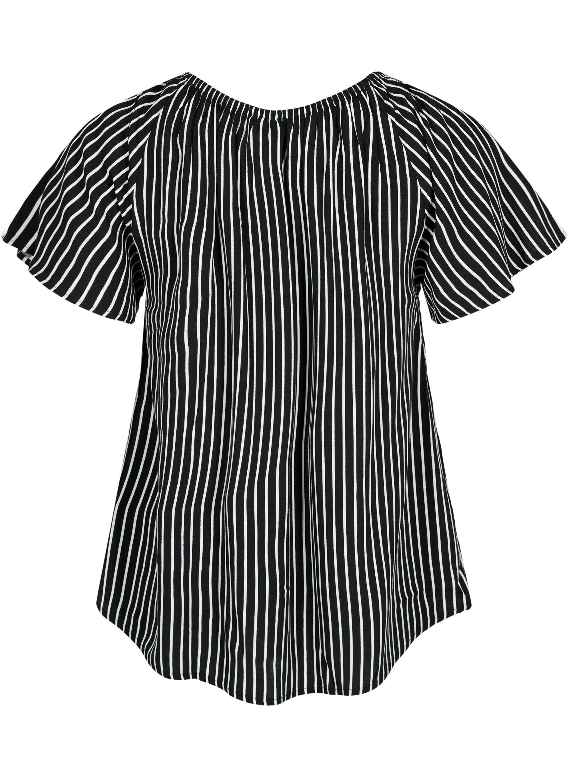 Zizzifashion Striped viscose blouse with short sleeves, Black/ White Stripe, Packshot image number 1