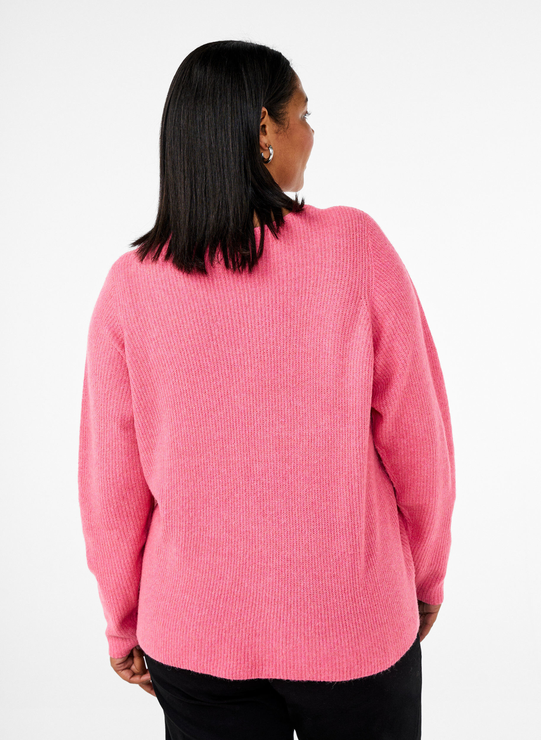 Zizzifashion Knitted blouse with v-neck and long sleeves, Bubblegum Wh. Mel., Model image number 1