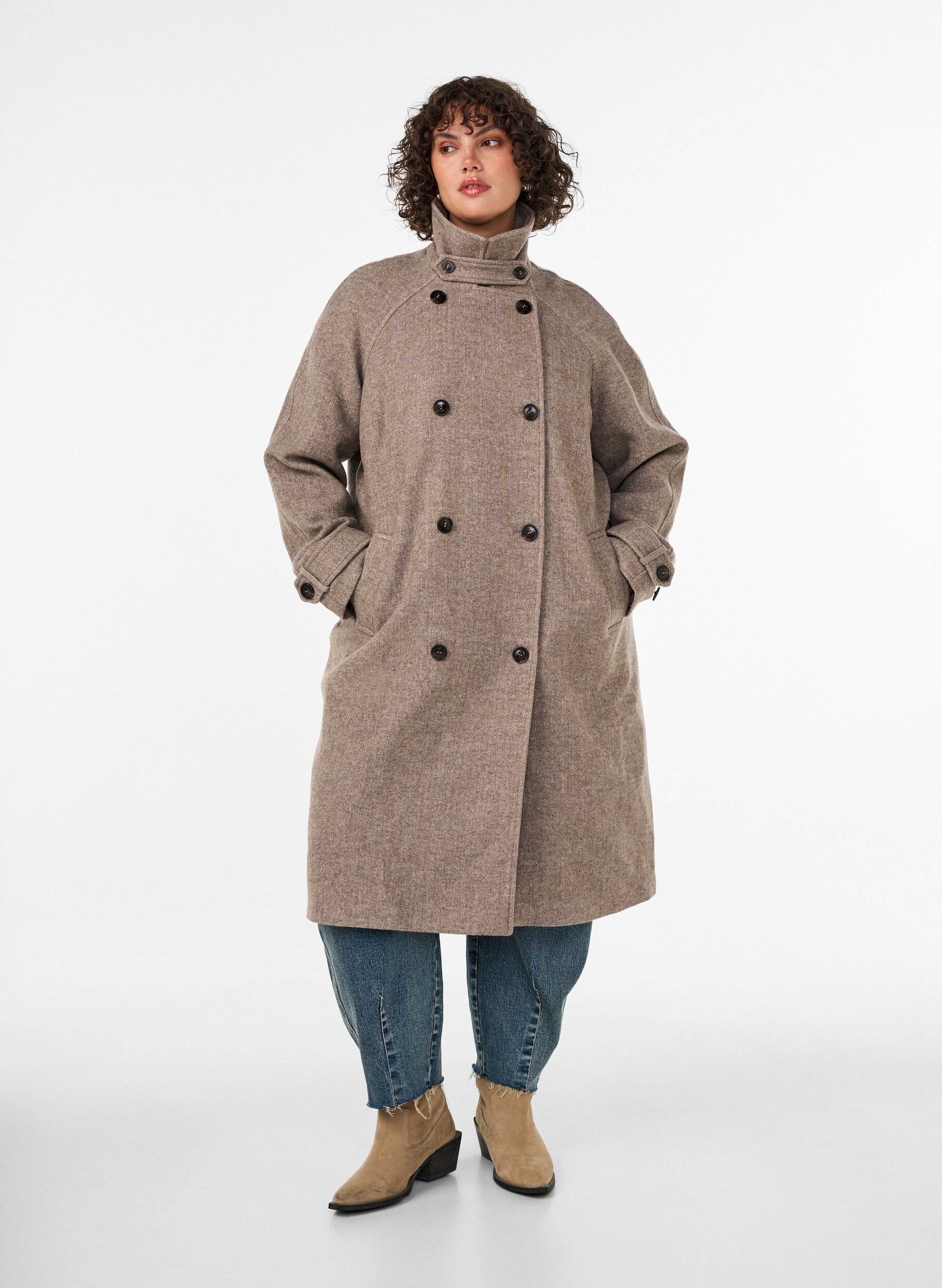 ZizzifashionLong wool coat with a high collar and double-breasted design, Brown, Model image number 0