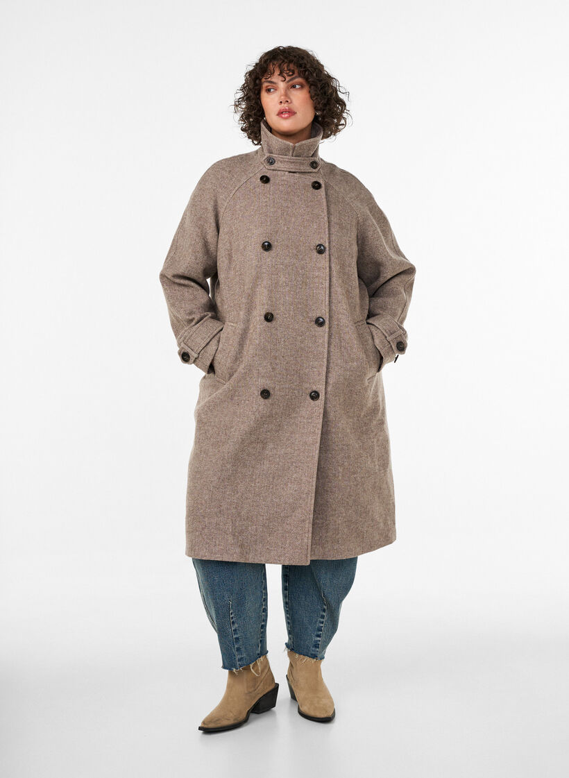 Long wool coat with a high collar and double-breasted design, Brown, Model image number 0