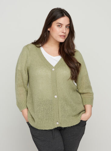 Knitted cardigan with 3/4 sleeves, Desert Sage, Model image number 0