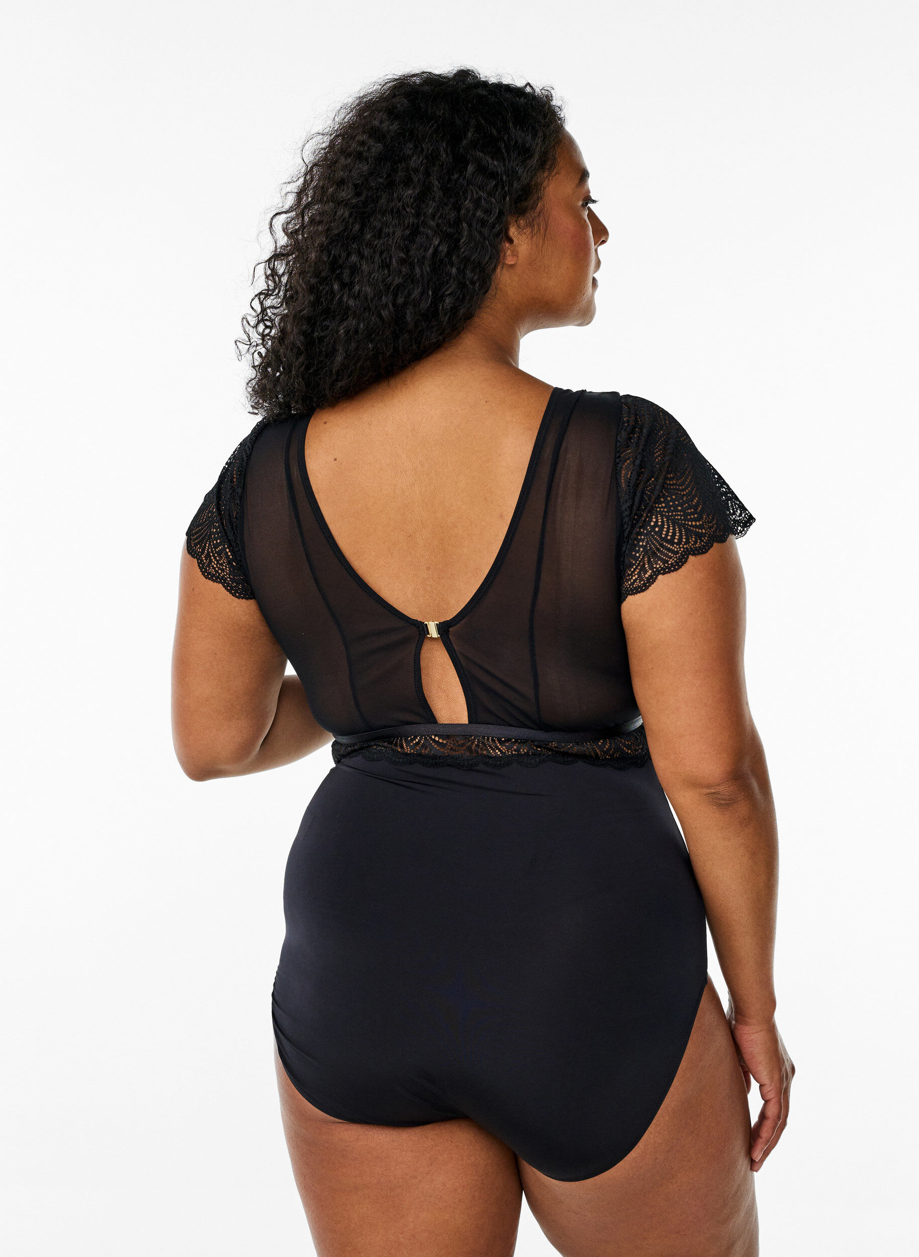 Zizzifashion Bodystocking with lace and short sleeves, Black, Model image number 1