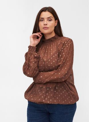 Polka dotted high neck viscose blouse with smocking, Rocky Road, Model image number 0