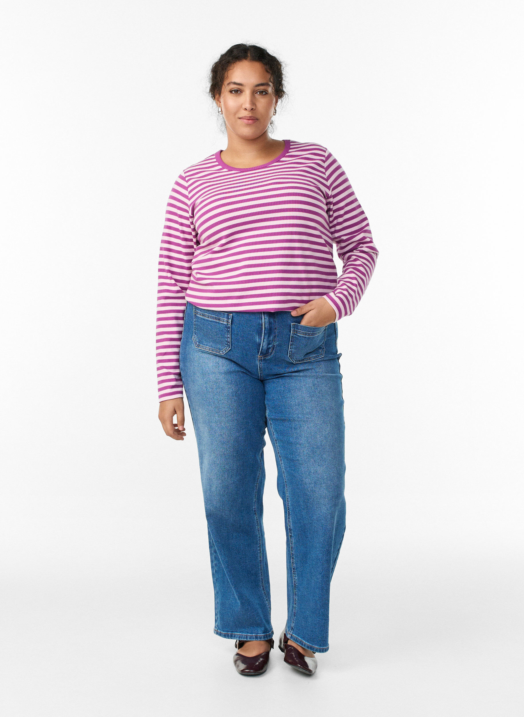 ZizzifashionStriped blouse with long sleeves, Purple, Model image number 1
