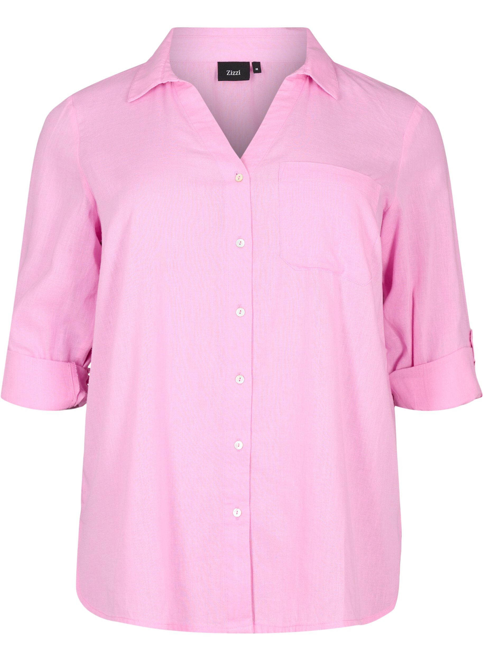 Zizzifashion Shirt blouse with button closure in cotton-linen blend, Begonia Pink, Packshot image number 0