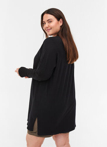Knit cardigan with slits and rib, Black, Model image number 1