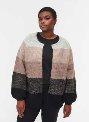 Short, wool knitted cardigan, Black stripe comb, Model image number 0