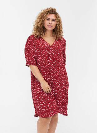Short-sleeved viscose tunic, Red w. White Dot, Model image number 0