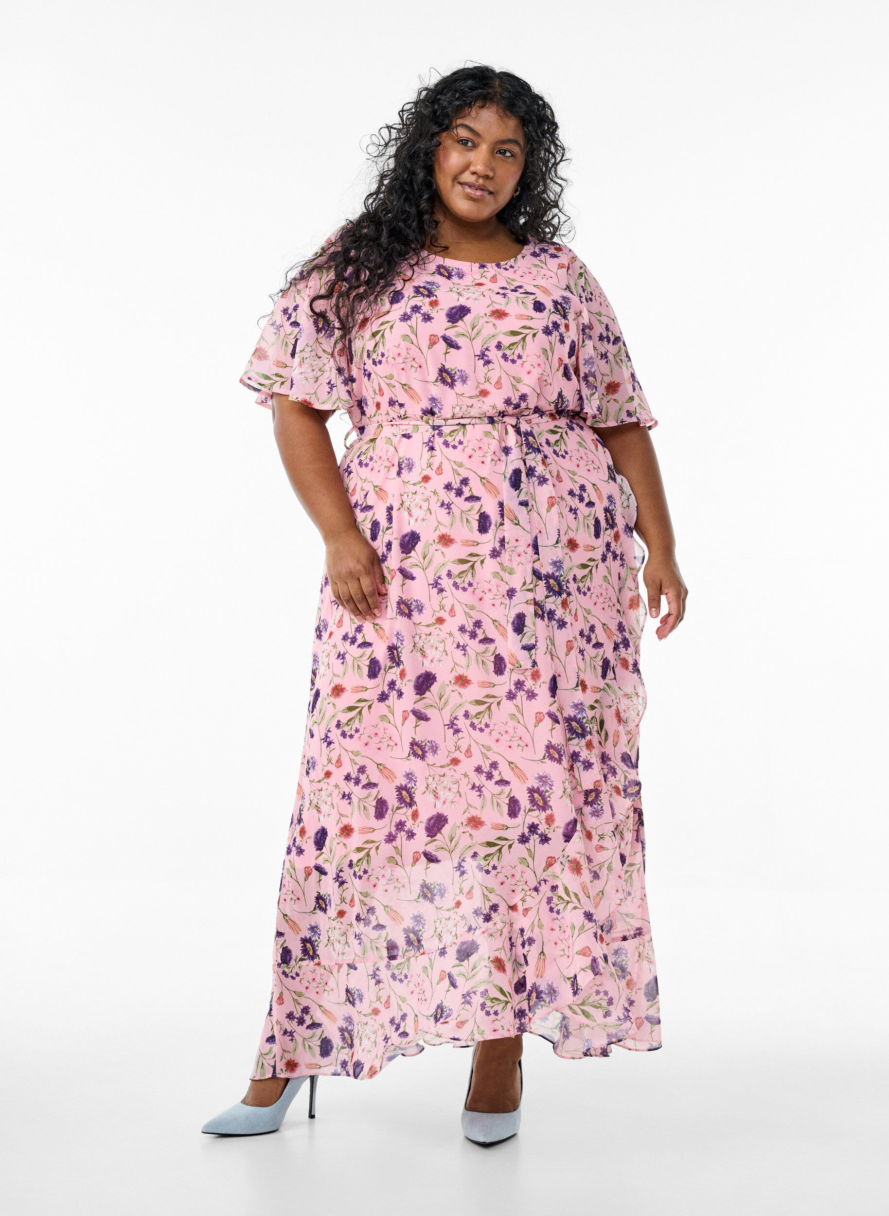 Zizzifashion Long dress with batwing sleeves and floral print, Rose Flower AOP, Model image number 0