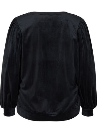 Velour blouse with long puff sleeves, Black, Packshot image number 1