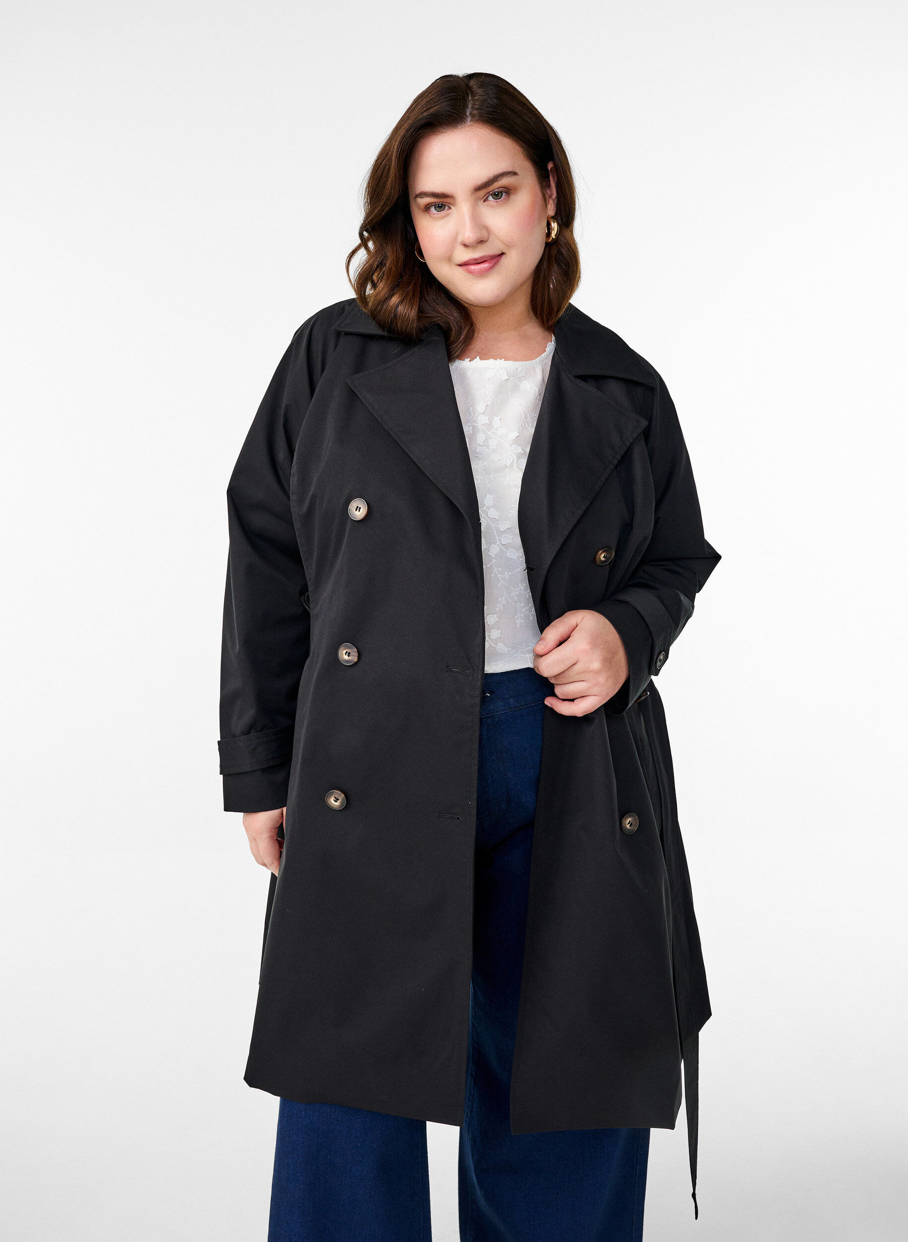 Zizzifashion Mid-length trench coat with belt, Black, Model image number 0
