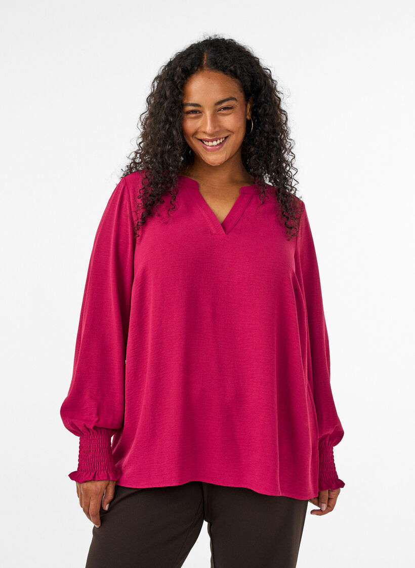 Blouse with smock cuffs and V-neck, Red, Model image number 0
