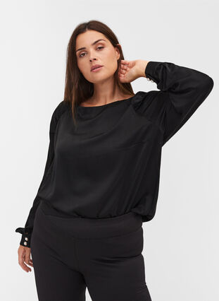 Long-sleeved blouse with wrinkle detail, Black, Model image number 0
