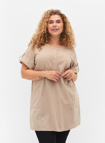 Short-sleeved cotton tunic with pockets, Simply Taupe, Model image number 0