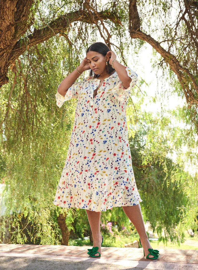 Floral midi dress with 3/4 sleeves, Blue, Image image number 0