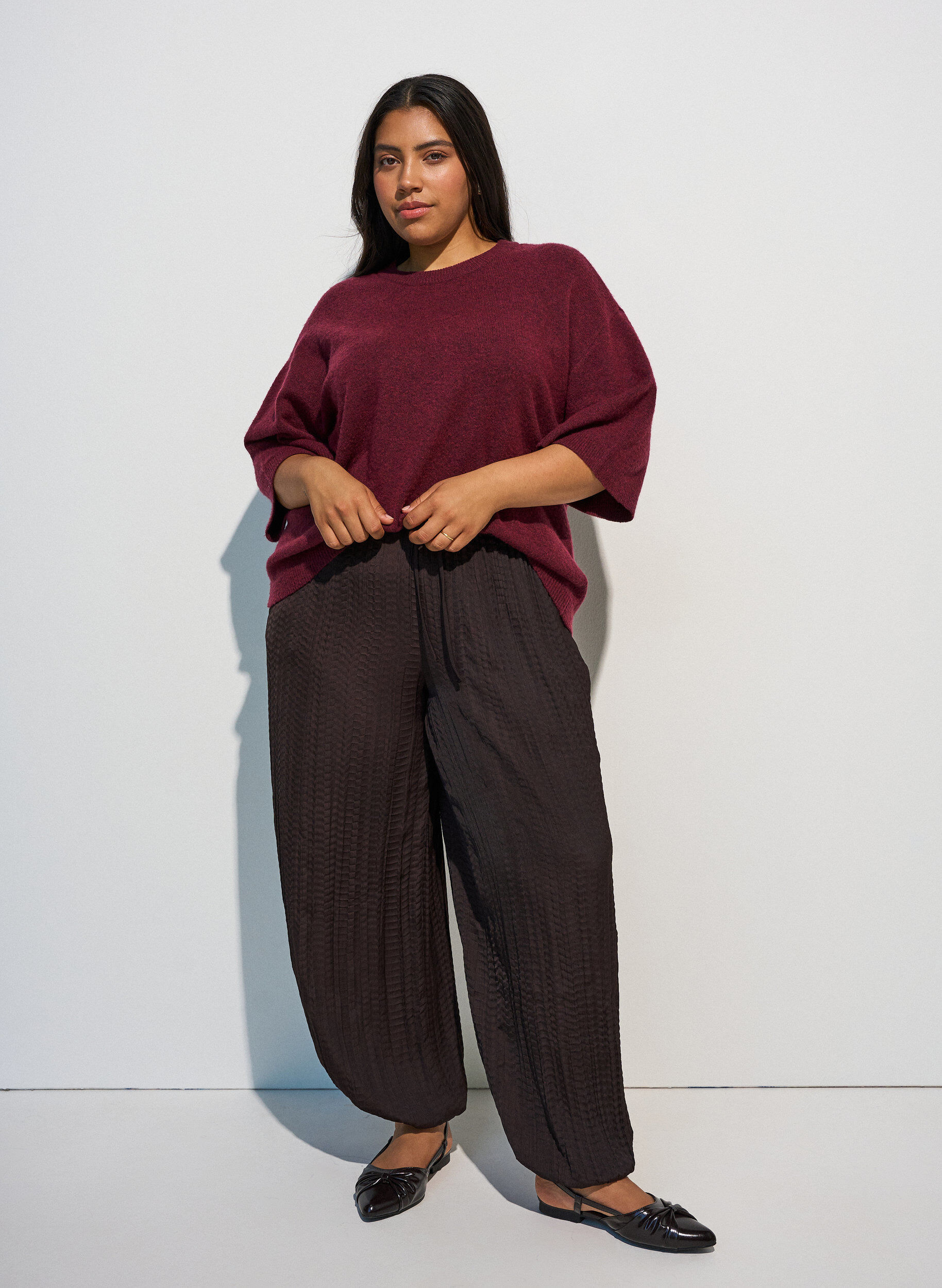 ZizzifashionLoose knitted blouse with short sleeves, Red, Model image number 1