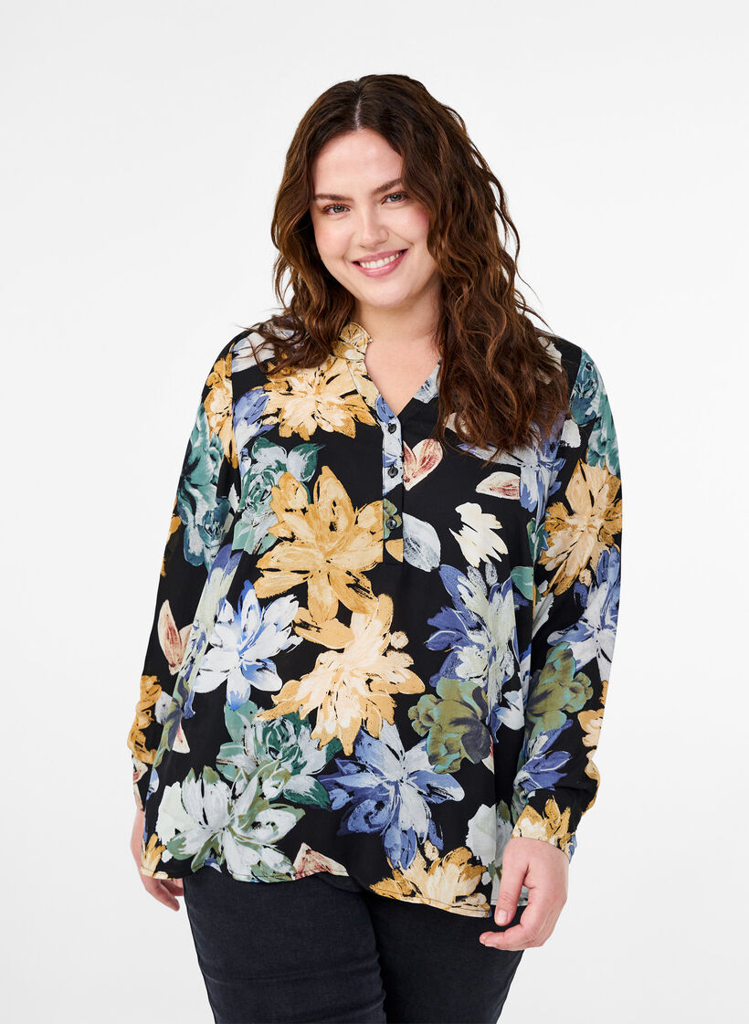 Long-sleeved blouse with floral print, Yellow Flower AOP, Model image number 0