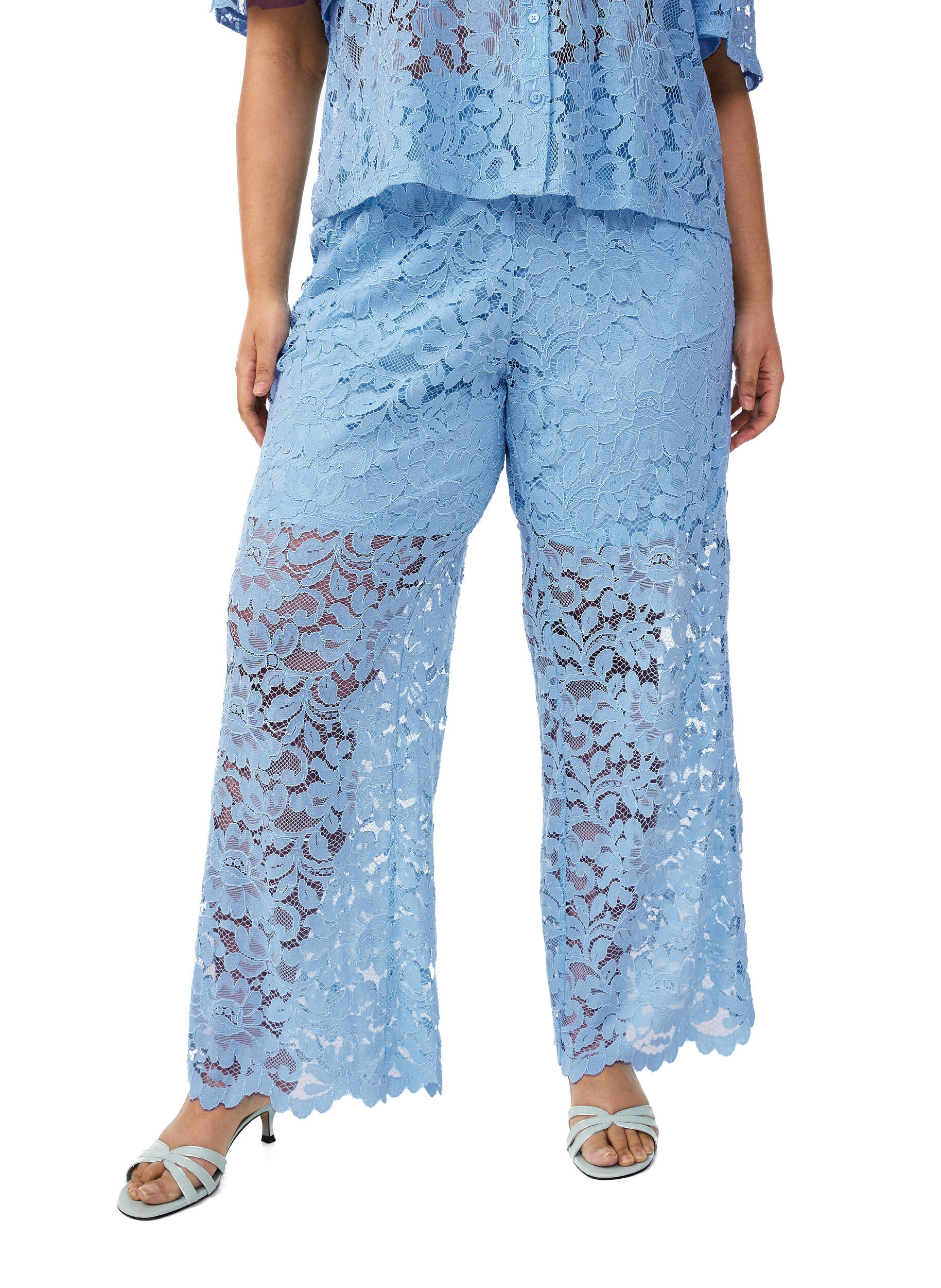Zizzifashion High-waisted lace trousers with straight legs, Blue, Model image number 2