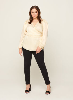 Wrap blouse with puff sleeves, Birch, Model image number 2