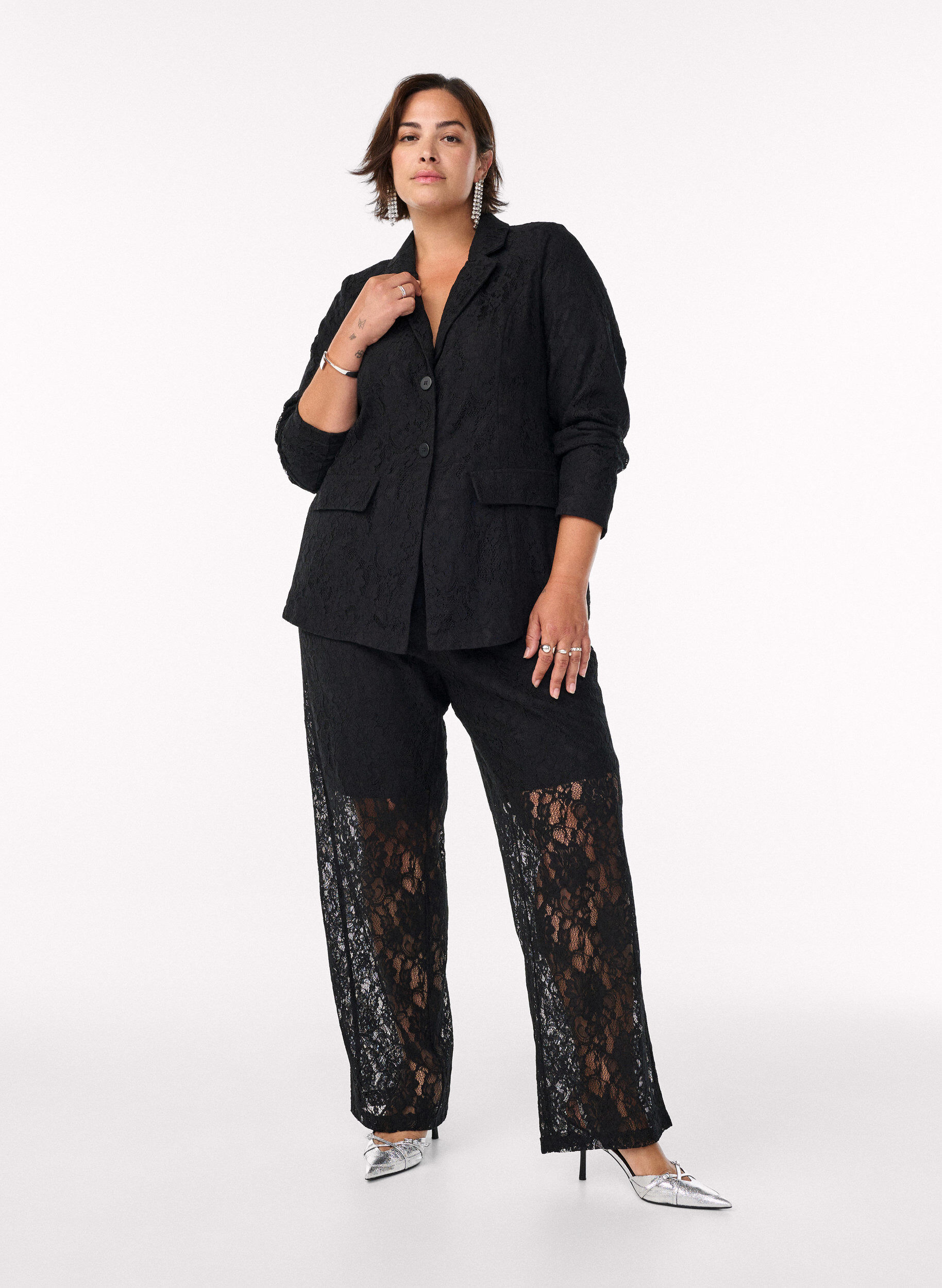 High-waisted lace trousers, Black, Model